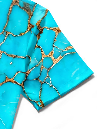 Adaychic Men's Abstract Turquoise And Gold Marble Pattern Short Sleeve Shirt with Chest Pocket