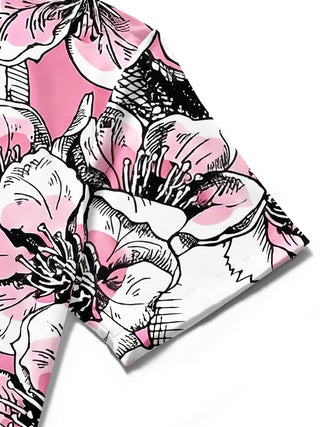 Adaychic Men's Hawaiian Skull And Floral Pattern Short Sleeve Shirt with Chest Pocket
