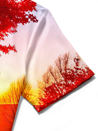 Adaychic Men's Hawaiian Autumn Maple Sunset Scenery Print Short Sleeve Shirt with Chest Pocket