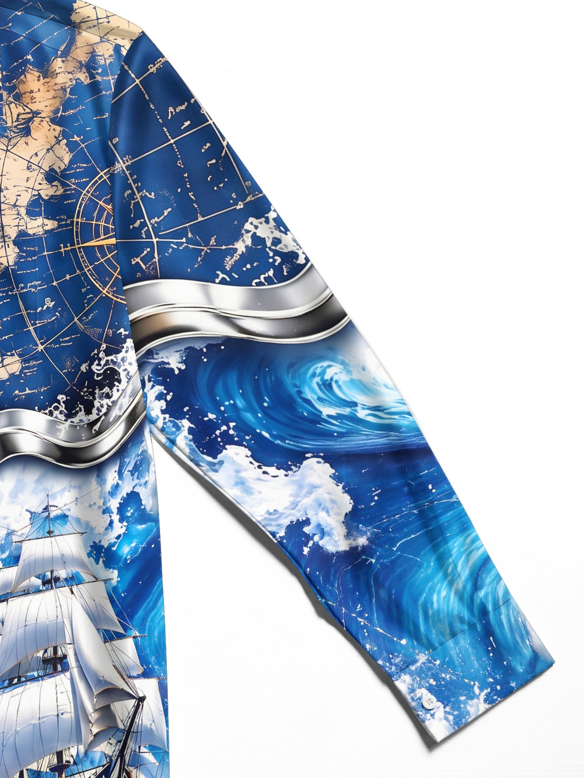 Adaychic Men's Vintage Nautical Map And Compass Print Long Sleeve Shirt with Chest Pocket