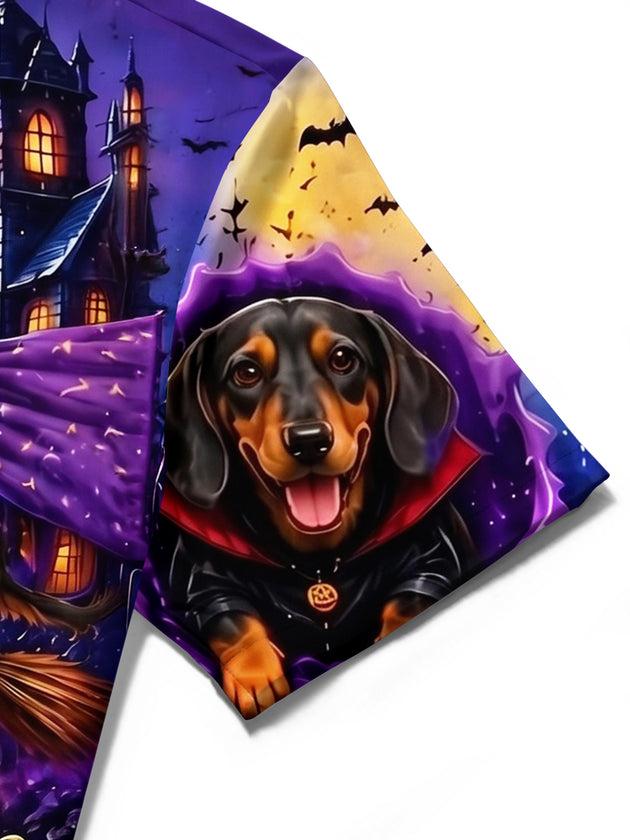 Adaychic Men's Graphic Halloween Dachshund Print Short Sleeve Shirt with Chest Pocket