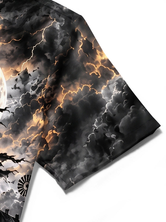 Adaychic Men's Short Sleeve Shirt - Halloween Dark Fantasy Landscape Print Cowboy On Horseback With Wolves And Crows Print