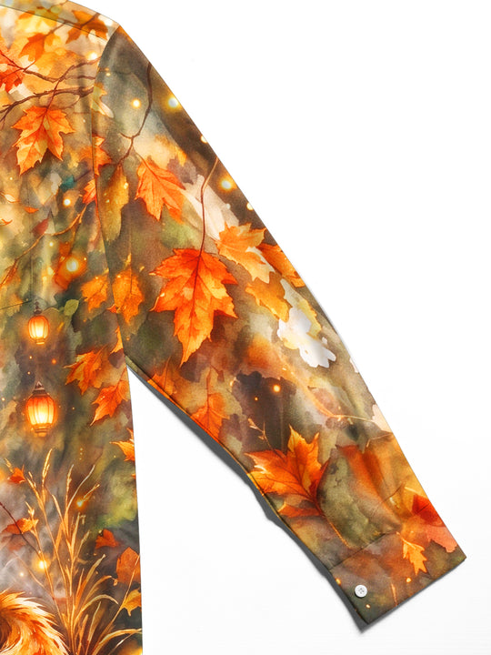 Adaychic Men's Autumn Fox With Lanterns And Leaves Print Long Sleeve Shirt with Chest Pocket