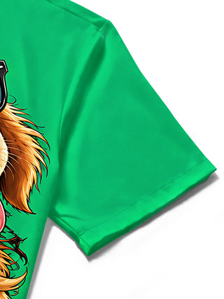Adaychic Men's Graphic Christmas Dog And String Lights Print Short Sleeve Shirt with Chest Pocket