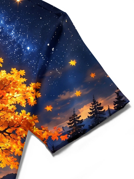Adaychic Men's Autumn Tree And Starry Night Landscape Print Short Sleeve Shirt with Chest Pocket