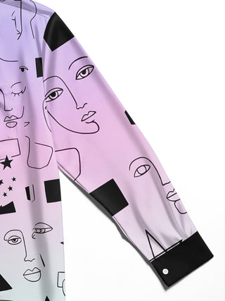 Adaychic Men's Long Sleeve Shirt - Abstract Line Art Faces And Geometric Shapes Print with Chest Pocket