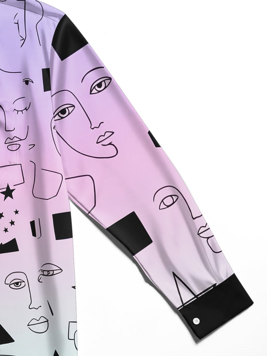 Adaychic Men's Long Sleeve Shirt - Abstract Line Art Faces And Geometric Shapes Print with Chest Pocket