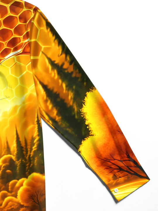 Adaychic Men's Printed Honeycomb And Dripping Honey Print Long Sleeve Shirt with Chest Pocket