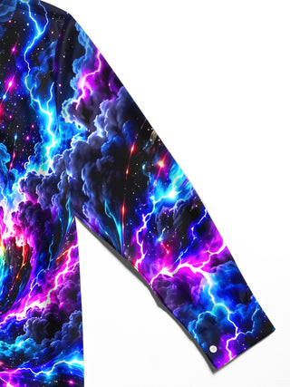 Adaychic Men's Long Sleeve Shirt - Abstract Cosmic Swirl With Lightning And Clouds Print with Chest Pocket