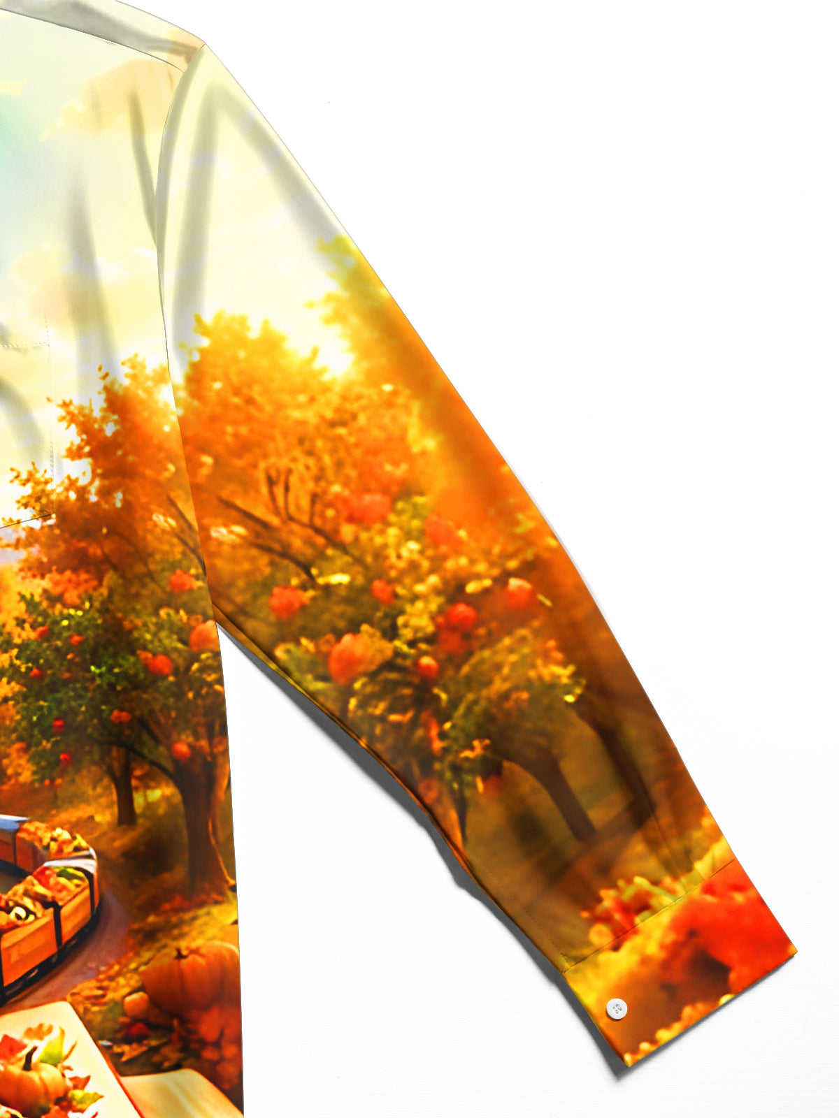 Adaychic Men's Long Sleeve Shirt - Autumn Landscape With Steam Train And Pumpkins Print with Chest Pocket