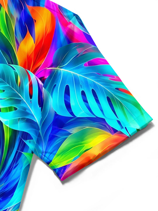 Adaychic Men's Hawaiian Abstract Neon Tropical Leaves Print Short Sleeve Shirt with Chest Pocket