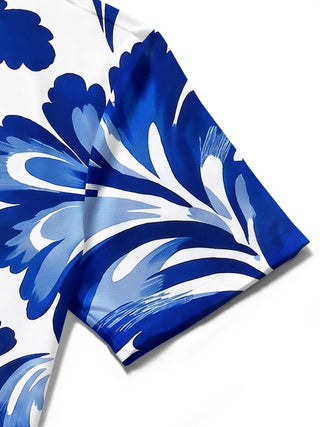 Adaychic Men's Hawaiian Blue Floral Print Short Sleeve Shirt with Chest Pocket