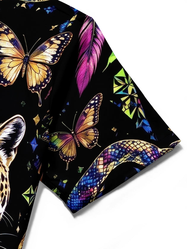 Adaychic Men's Leopard And Butterflies Print Short Sleeve Shirt with Chest Pocket