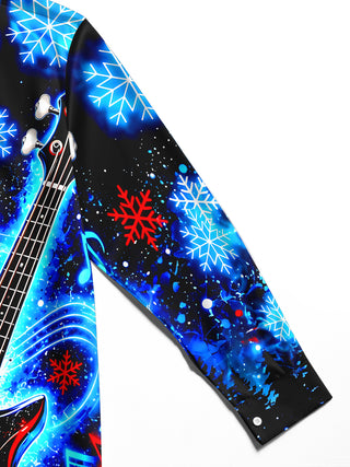 Adaychic Men's Graphic Electric Blue Bass Guitar Print Long Sleeve Shirt with Chest Pocket