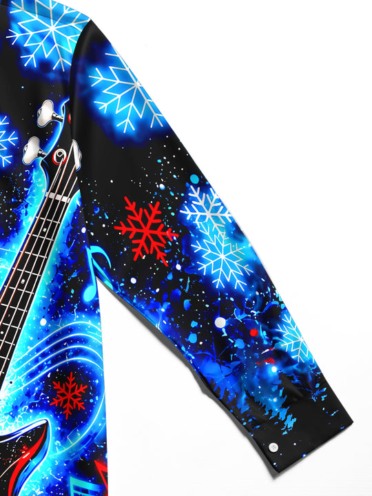 Adaychic Men's Graphic Electric Blue Bass Guitar Print Long Sleeve Shirt with Chest Pocket