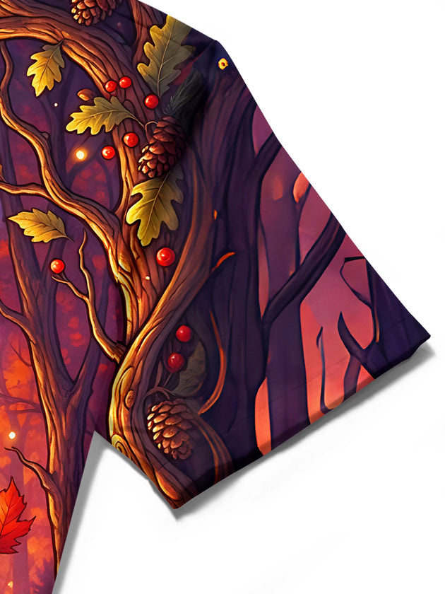 Adaychic Men's Short Sleeve Shirt - Autumn Forest Treble Clef Made Of Leaves Print with Chest Pocket