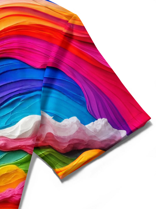 Adaychic Men's Graphic Rainbow Ocean Waves Print Short Sleeve Shirt with Chest Pocket