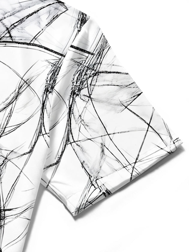 Adaychic Men's Printed Abstract Black Scribble Lines Print Short Sleeve Shirt with Chest Pocket