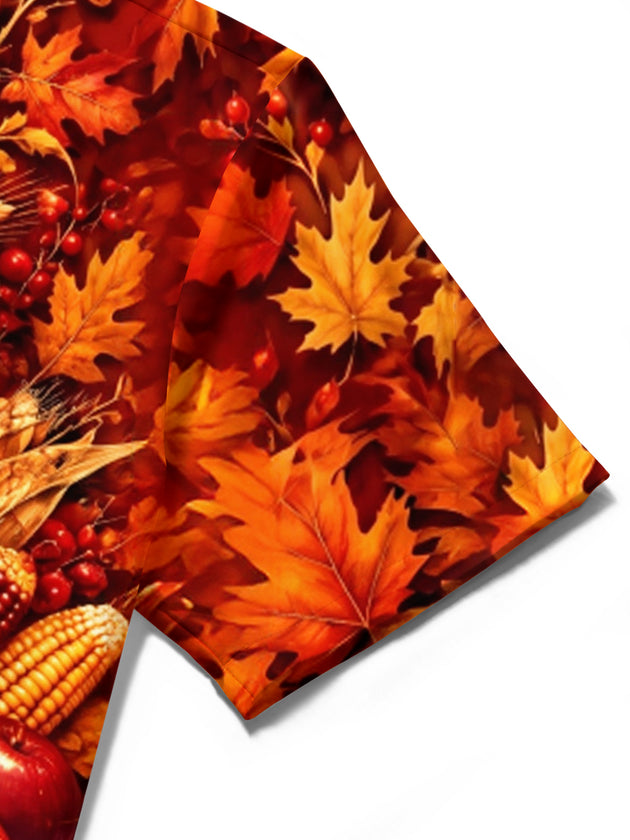 Adaychic Men's Short Sleeve Shirt - Thanksgiving Cornucopia With Pumpkins Corn Apples And Maple Leaves Print with Chest Pocket