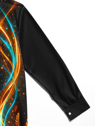 Adaychic Men's Long Sleeve Shirt - Thanksgiving Neon Turkey With Wheat And Pumpkins Print with Chest Pocket