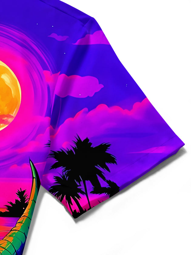 Adaychic Men's Hawaiian Dinosaur On Jet Ski Print Short Sleeve Shirt with Chest Pocket