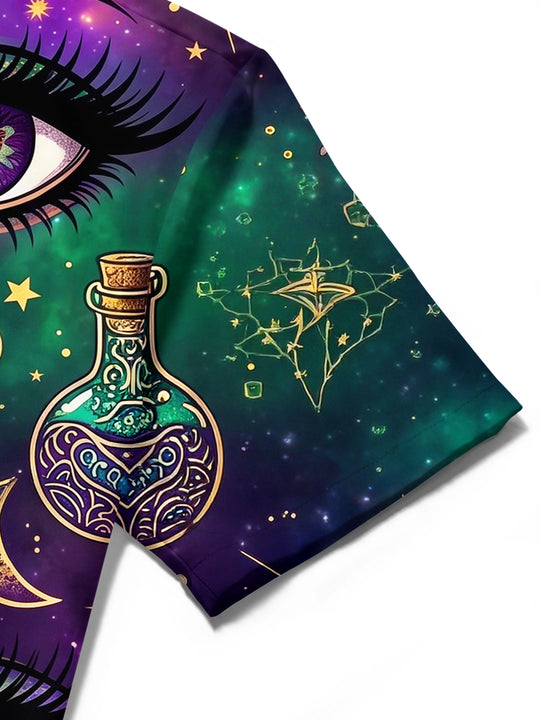 Adaychic Men's Short Sleeve Shirt - Halloween Mystical Elements Print Mystical Eyes And Starry Sky Print with Chest Pocket