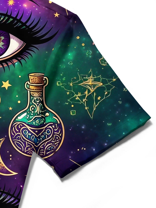 Adaychic Men's Short Sleeve Shirt - Halloween Mystical Elements Print Mystical Eyes And Starry Sky Print with Chest Pocket