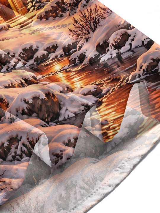 Adaychic Men's Long Sleeve Shirt - Winter Church Landscape With Snow And Mountains Print with Chest Pocket