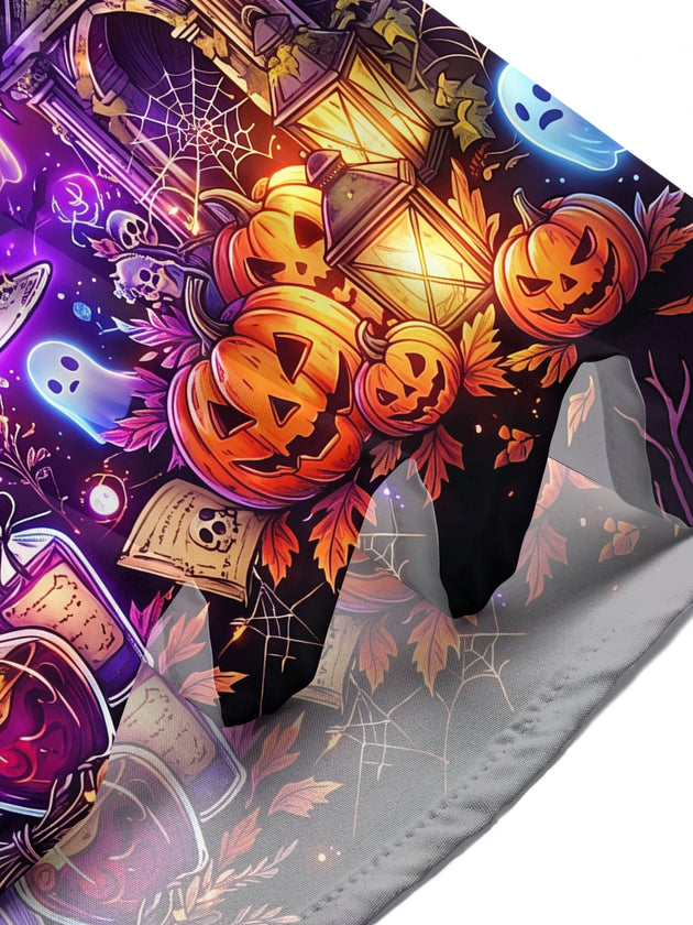 Adaychic Men's Short Sleeve Shirt - Halloween Moon Raven And Skeleton With Wine Glass Print with Chest Pocket