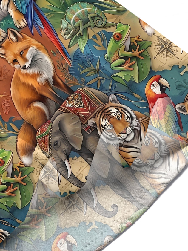 Adaychic Men's Hawaiian Jungle Wildlife Animals Print Short Sleeve Shirt with Chest Pocket