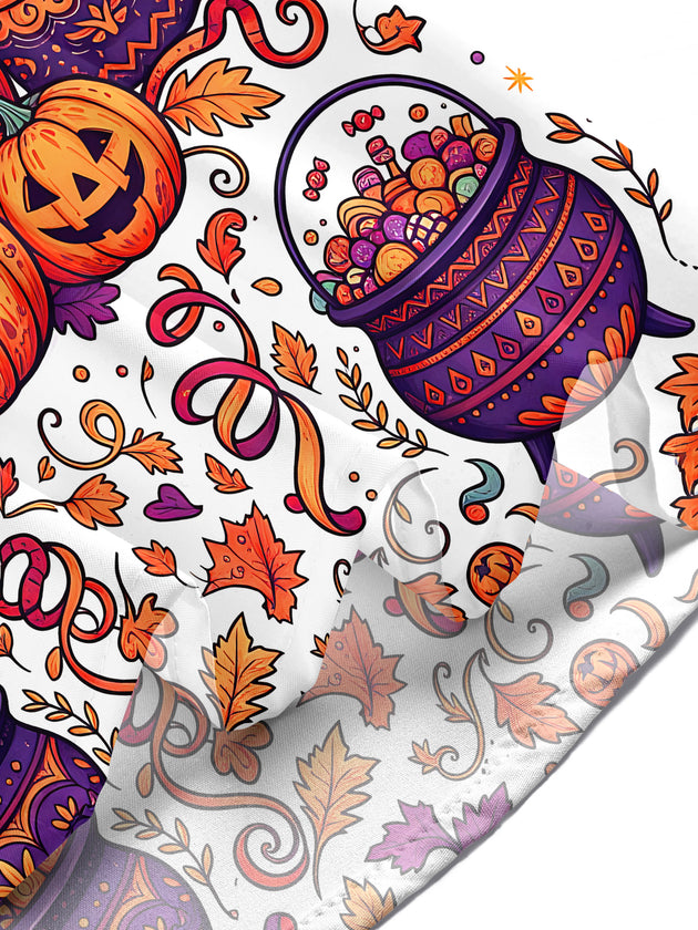 Adaychic Men's Halloween Black Cats And Pumpkins Print Short Sleeve Shirt with Chest Pocket