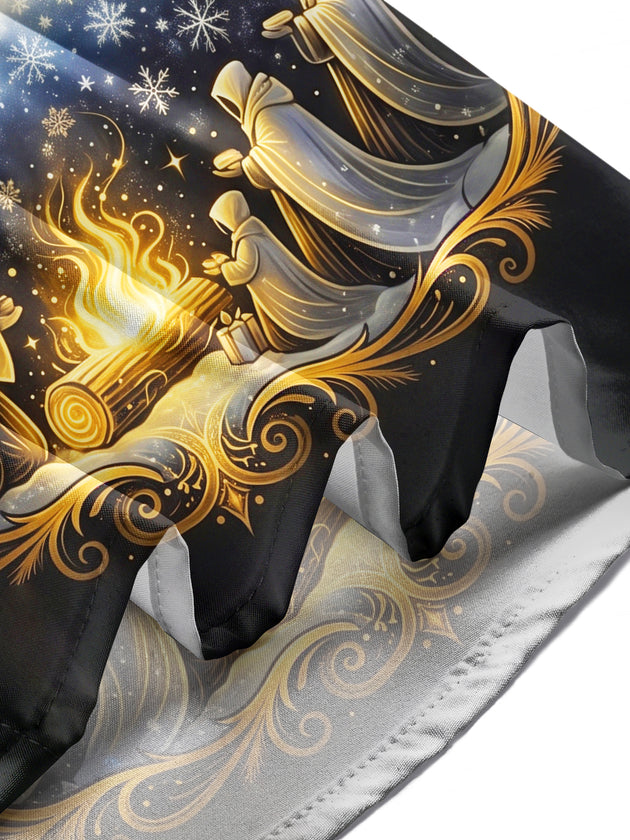 Adaychic Men's Graphic Golden Crowned Deer And Bonfire Print Long Sleeve Shirt with Chest Pocket