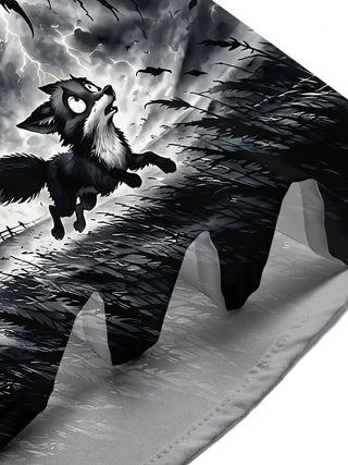 Adaychic Men's Halloween Black Crow And Running Fox Print Short Sleeve Shirt with Chest Pocket
