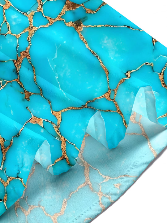 Adaychic Men's Abstract Turquoise And Gold Marble Pattern Short Sleeve Shirt with Chest Pocket