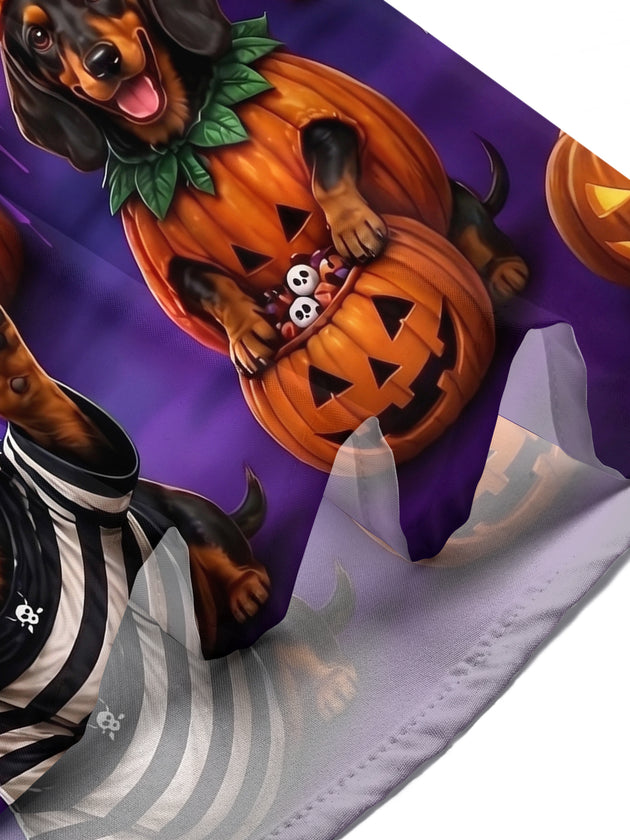 Adaychic Men's Graphic Halloween Dachshund Print Short Sleeve Shirt with Chest Pocket