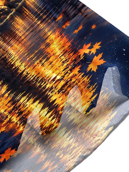 Adaychic Men's Autumn Tree And Starry Night Landscape Print Short Sleeve Shirt with Chest Pocket