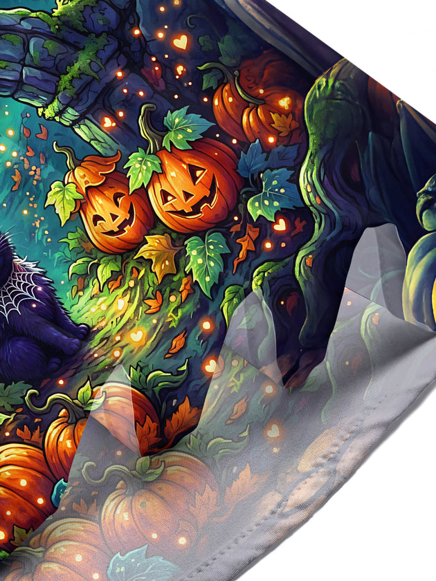 Adaychic Men's Halloween Black Cats And Pumpkins Print Short Sleeve Shirt with Chest Pocket