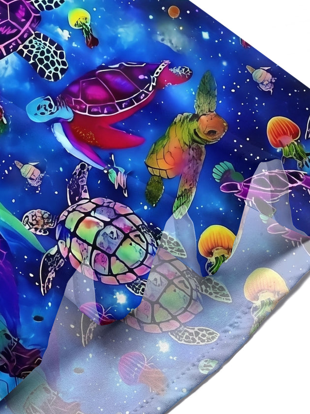 Adaychic Men's Hawaiian Neon Sea Turtles Print Short Sleeve Shirt with Chest Pocket