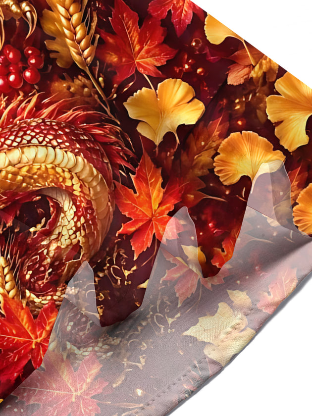 Adaychic Men's Short Sleeve Stand Collar Shirt - Autumn Dragon With Maple Leaves And Wheat Print with Chest Pocket