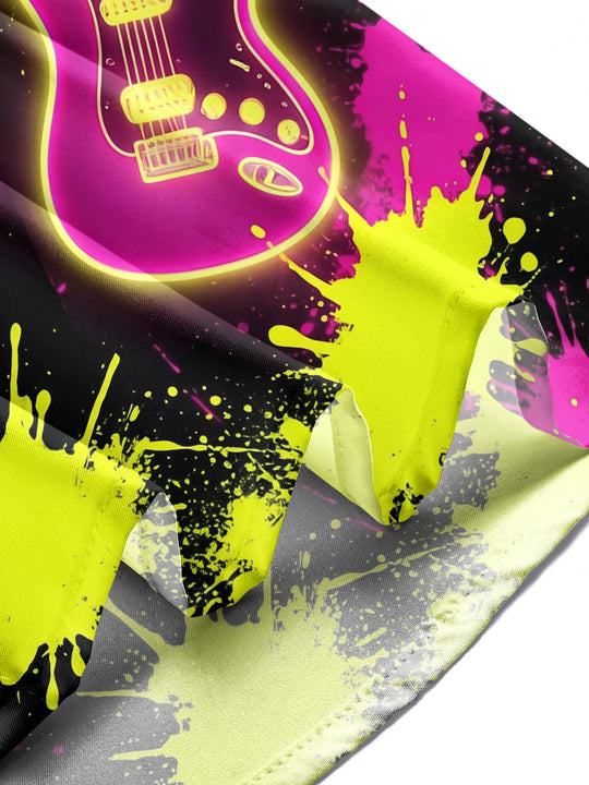 Adaychic Men's Neon Electric Guitar And Music Notes Print Long Sleeve Shirt with Chest Pocket