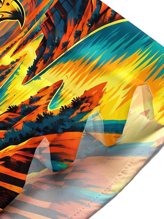 Adaychic Men's Short Sleeve Stand Collar Shirt - Eagle Flying Over Canyon Landscape Print with Chest Pocket