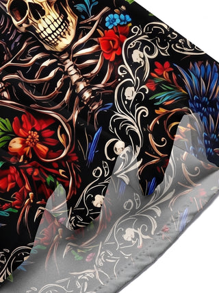 Adaychic Men's Graphic 3D Raven Skull Floral Print Short Sleeve Button Down Shirt with Chest Pocket