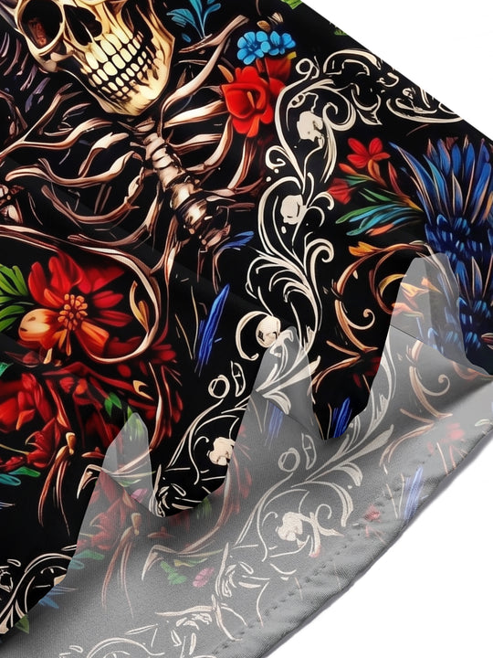 Adaychic Men's Graphic 3D Raven Skull Floral Print Short Sleeve Button Down Shirt with Chest Pocket