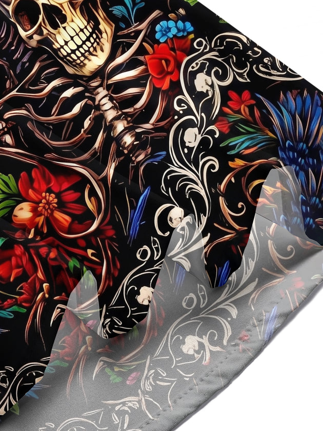Adaychic Men's Graphic 3D Raven Skull Floral Print Short Sleeve Button Down Shirt with Chest Pocket