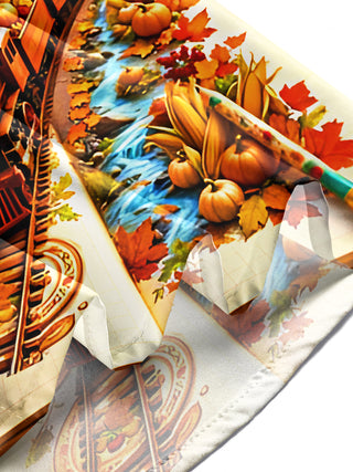 Adaychic Men's Long Sleeve Shirt - Autumn Landscape With Steam Train And Pumpkins Print with Chest Pocket