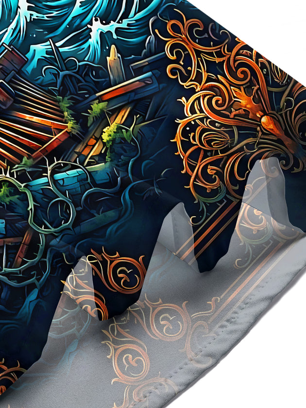 Adaychic Men's Steampunk Train And Coastal Lighthouse Print Short Sleeve Shirt with Chest Pocket