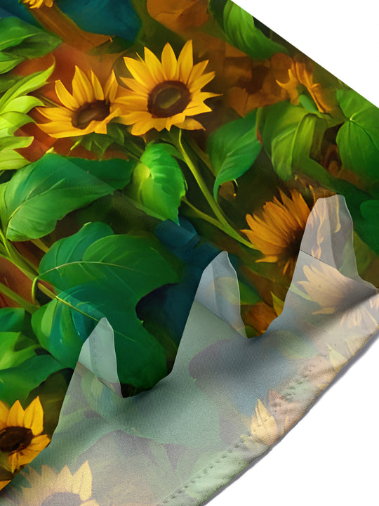 Men's short sleeve Hawaiian shirt with sunflower print lifestyle shot for tropical beach vacation