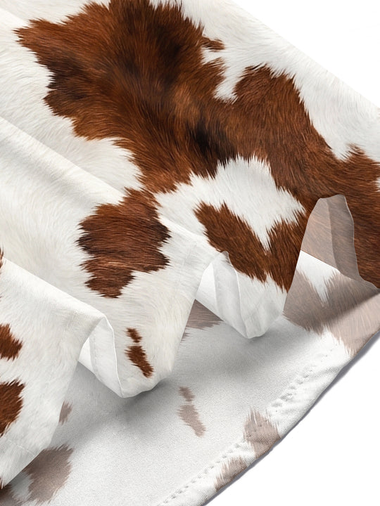 Adaychic Men's Patterned Cow Print Cowhide Pattern Short Sleeve Shirt with Chest Pocket