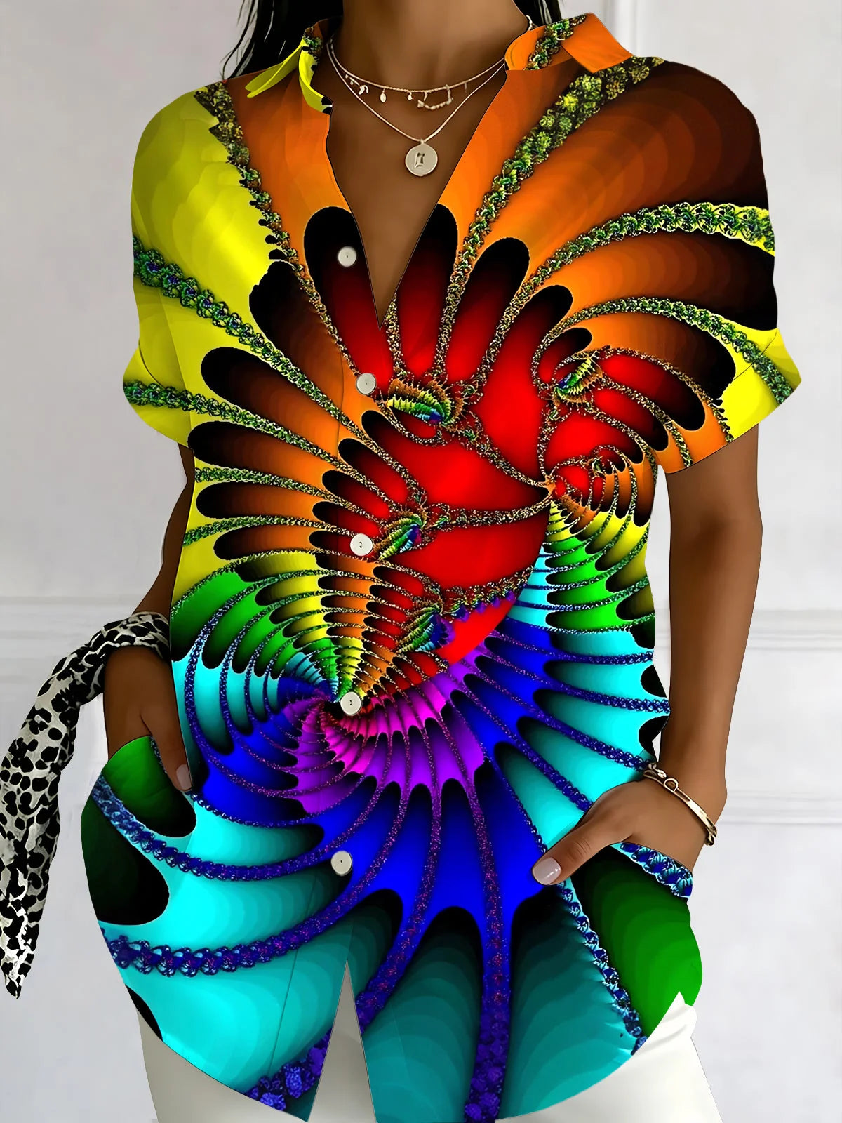 Adaychic Psychedelic Fractal Spiral Print Matching Couple Short Sleeve Button Down Shirts