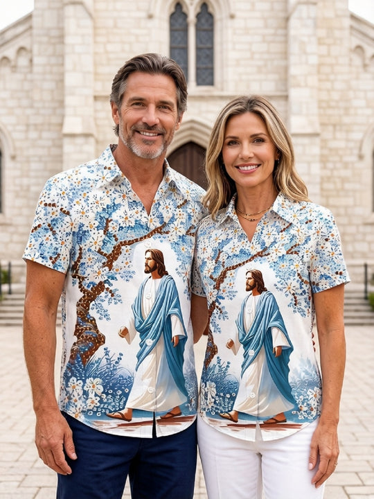 Couple Matching Shirts Jesus Christian Graphic Short Sleeve Casual
